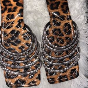 Leopard Rhinestone Strappy Slide Sandals